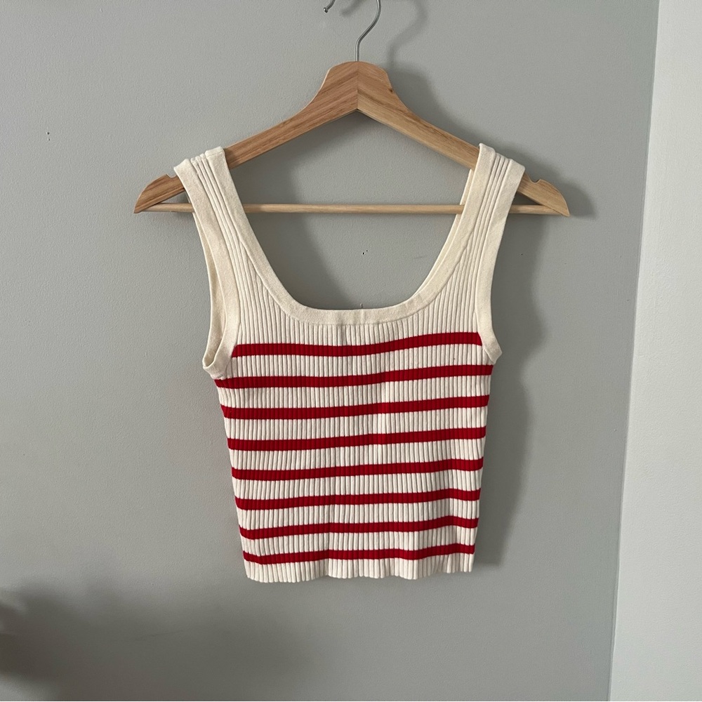 Divided Cream and Red Striped Ribbed Tank Top